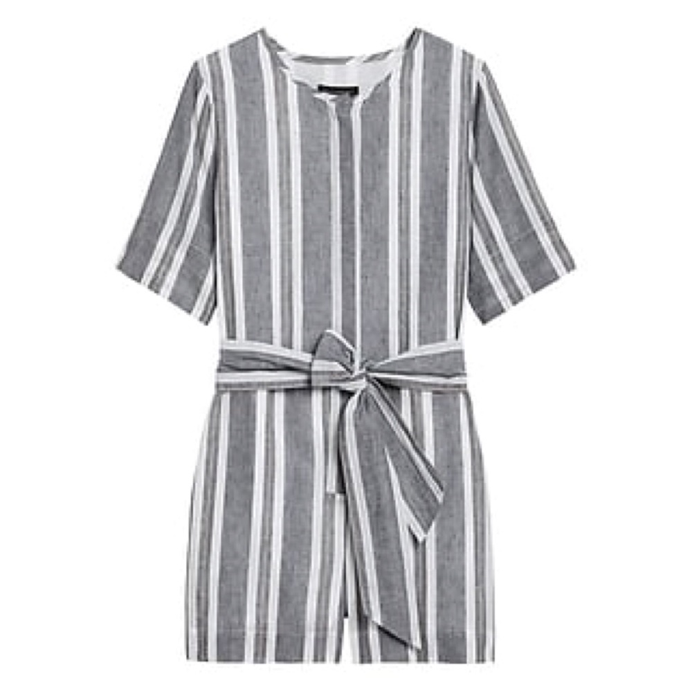 BANANA REPUBLIC Cotton / Linen Grey and White Striped Button Up Romper Sz 10